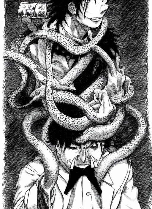 Image similar to portrait of a snake oil salesman by Kentaro Miura, it idn't greasy