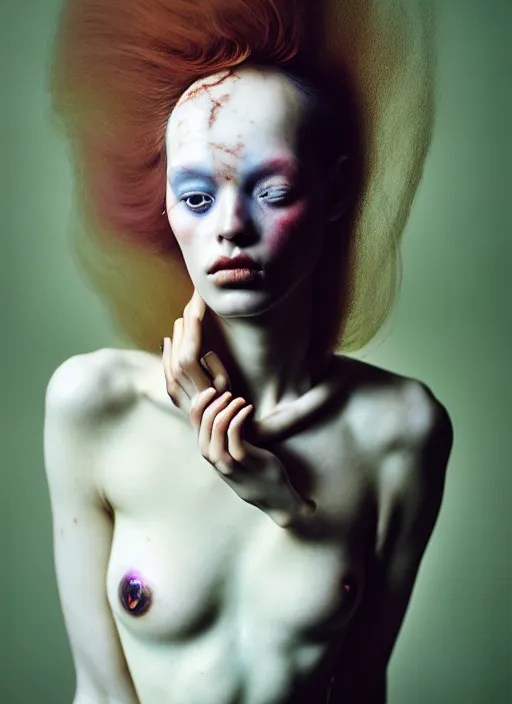 Image similar to cinestill 5 0 d photo portrait of a beautiful woman in style of tim walker by roberto ferri, body skin aggressive weird marble, hair is intricate floating liquid metal, 1 5 0 mm lens, f 1. 2, sharp focus, ethereal, emotionally evoking, head in focus, bokeh volumetric lighting, tonal colors outdoor