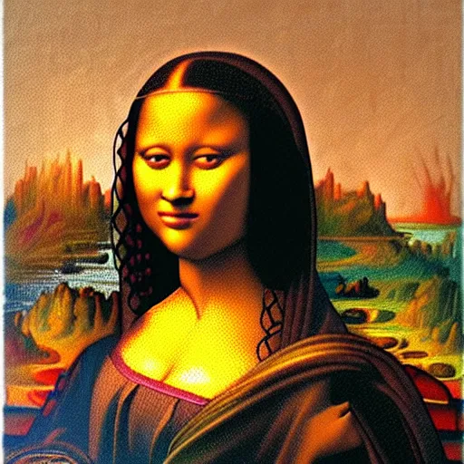 Prompt: an african woman's painting in the style of mona lisa by leonardo da vinc, octane renderi