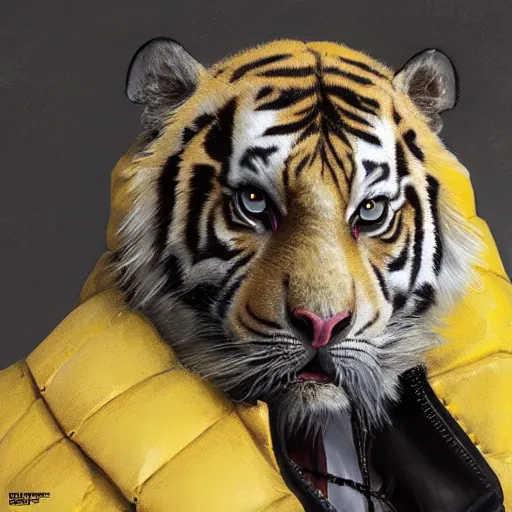 Image similar to a beautfiul award winning aesthetic commission of an antrho albino tiger wearing a yellow-black padded hooded puffer jacket,digital art,art by greg rutkowski,character design by charles bowater,ross tran,photorealistic,detailed face,hyperdetailed,western comic,2021,artstation,deviantart,unreal engine 5