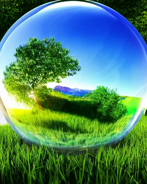 Prompt: a grassy scenic valley with blue skies inside a crystal ball, 3 d art, render