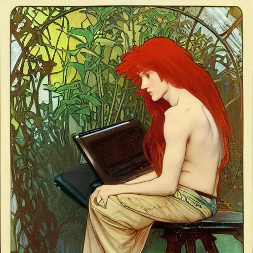 Prompt: a red-haired long-haired teenage boy sitting at a computer, jungle around him, painting by alphonse mucha, smooth sharp focus, point of view from behind him