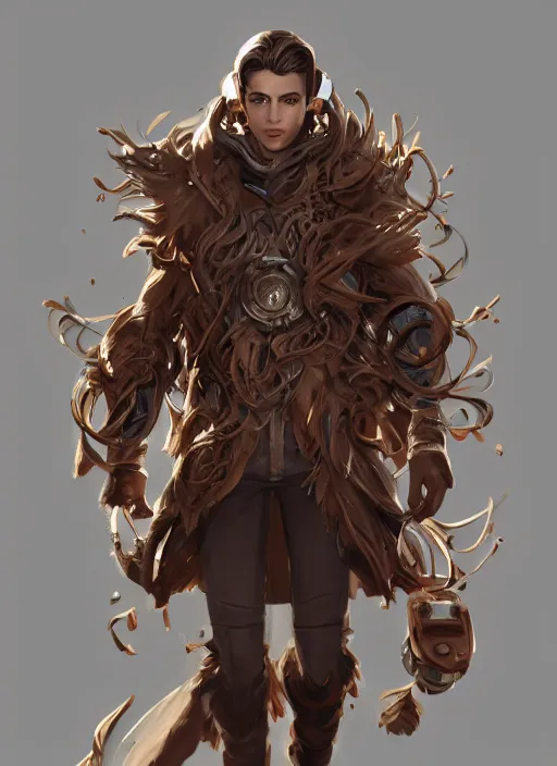 Image similar to a highly detailed illustration of thick wavy brown haired young white guy wearing brown coat and face mask, extra mechanical arms on his back, dramatic hands in pocket standing pose, intricate, elegant, highly detailed, centered, digital painting, artstation, concept art, smooth, sharp focus, league of legends concept art, WLOP