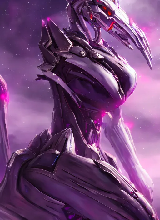 Image similar to cinematic full body, cosmic sized beautiful stunning elegant hot giant robot mecha female dragon goddess, sharp sleek cyborg dragon head, sharp metal ears, smooth purple eyes, smooth fuschia skin, smooth silver armor, nebula, epic proportions, epic scale, macro furry, furry art, dragon art, goddess art, giantess art, warframe fanart, furaffinity, octane