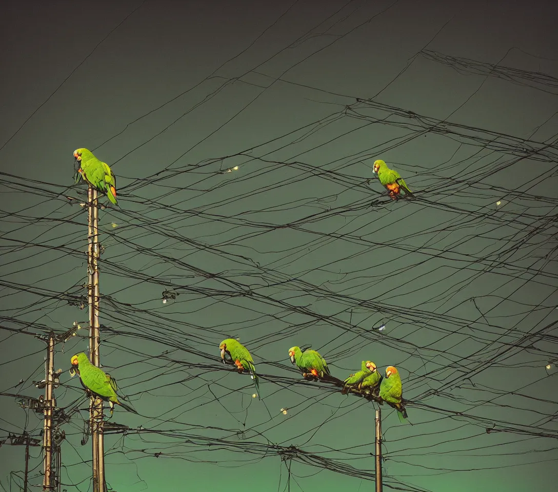 Prompt: a 3 5 mm photography of a lot of green parrots on the power lines glowing and reflecting green light from the flash of the camera at night