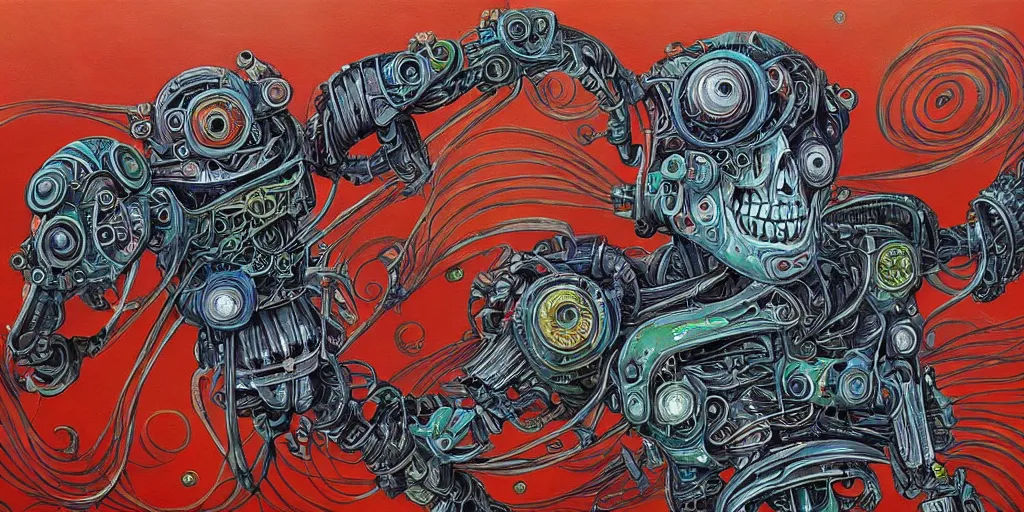 Image similar to a beautiful painting of robot by aaron horkey, trending on artstation, skeleton, colorful
