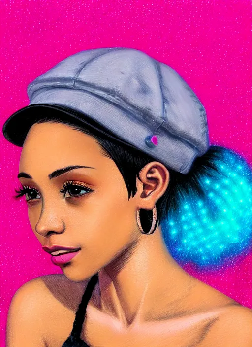 Image similar to portrait of teenage vanessa morgan with bright pink hair, black girl, curly pixie cut hair, wearing newsboy cap, pink short haircut, newsboy cap, hoop earrings, blue eyes, intricate, elegant, glowing lights, highly detailed, digital painting, artstation, concept art, smooth, sharp focus, illustration, art by wlop, mars ravelo and greg rutkowski