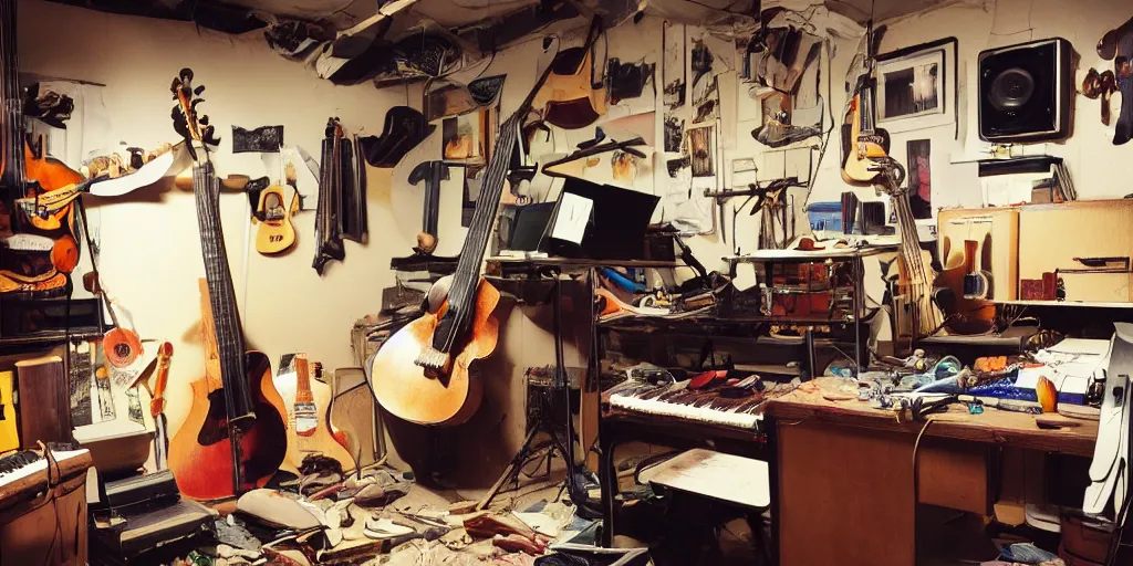 Image similar to a color photograph of a musician's basement studio with many things, workbench overloaded with broken instruments,, trending on artstation, hyperrealism