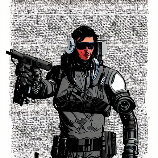 Image similar to male cyberpunk wearing a cyberpunk headset and tactical gear. In style of travis charest and laurie greasley, detailed