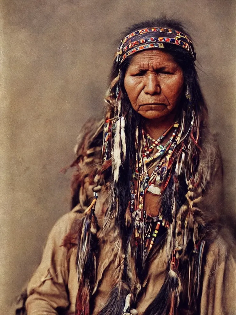 Prompt: “Color Photo of Native American indian woman, portrait, skilled warrior of the Chiricahua Apache, Lozen, wearing traditional clothing, showing pain and sadness on her face, realistic, detailed, shot like National Geographic”