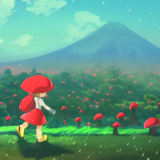 Image similar to beautiful anime girl walking in rainy mushroom village at night, super mario style, red and white spotted mushroom houses, geometric mountains in distance, landscape, anime key visual, digital art, anime screenshot, kyoto animation, makoto shinkai, trending on artstation