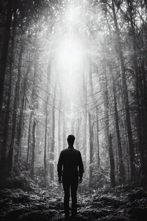 Image similar to square polaroid photo of a guy with standing in a dark fantasy forest, back view, lens flare, moody lighting, moody vibe, telephoto, 9 0 s vibe, blurry background, grain, tranquil, calm, faded!,