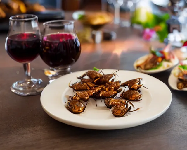 Prompt: 8 5 mm food photography of a plate of grilled cockroaches with ketchup at a restaurant with dof and bokeh and wine glasses out of focus in the background. highly detailed 8 k. intricate. lifelike. soft diffused light. nikon d 8 5 0.