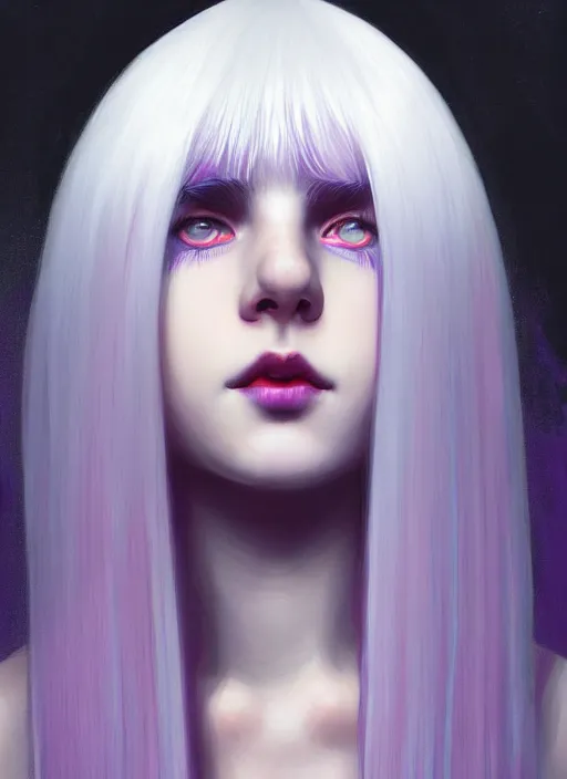 Image similar to hair whitebangs hair, black hair, whitebangs, portrait of teenage girl with white bangs, red irises, purple clothes, white bangs, bangs are different color from hair, intricate, elegant, glowing lights, highly detailed, digital painting, artstation, concept art, smooth, sharp focus, illustration, art by wlop, mars ravelo and greg rutkowski