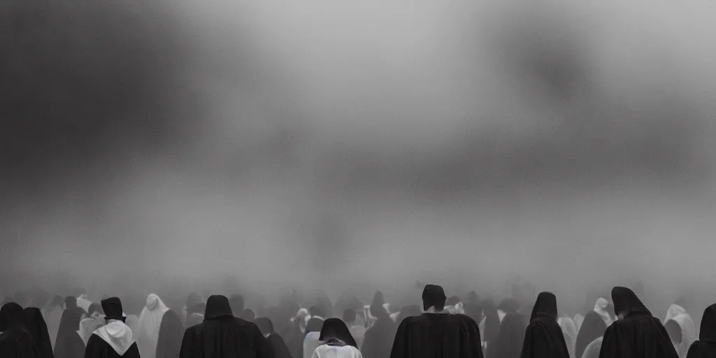 Prompt: A very big crowd of people wearing black robes and staring at the camera, eerie, scary, haunting, cinematic, mist, fog, photography