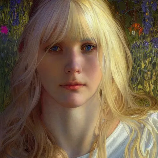 Image similar to A young woman with blonde long hair and bangs in shorts and white shirt drawn by Donato Giancola and Julie Bell and frank frazetta and alphonse mucha, background by James Jean and gustav klimt, 4k, volumetric lighting, french nouveau, trending on artstation, octane render, hyperrealistic