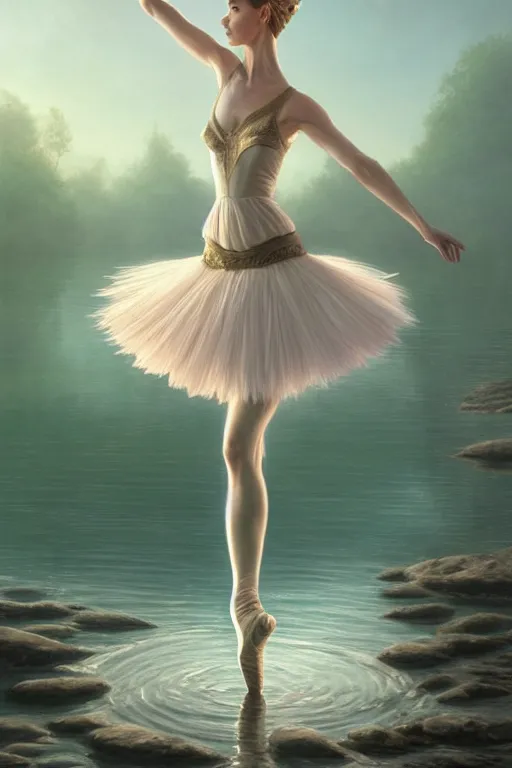 Prompt: elegant elf ballerina standing in lake, highly detailed, d & d, fantasy, highly detailed, digital painting, trending on artstation, concept art, sharp focus, illustration, global illumination, ray tracing, realistic shaded, art by artgerm and greg rutkowski and fuji choko and viktoria gavrilenko and hoang lap