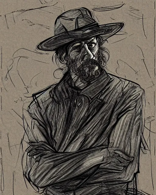 Image similar to an extremely detailed masterpiece portrait of a 1 8 9 0's gunslinger, in the style of frank auerbach, digital art