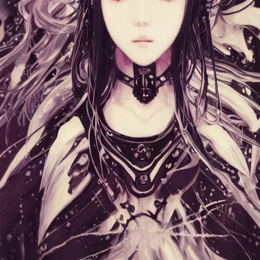 Prompt: yoshitaka amano blurred and dreamy illustration of an anime girl with pirate eye patch, wavy white hair and cracks on her face wearing elden ring armour with the cape fluttering in the wind, abstract black and white patterns on the background, noisy film grain effect, highly detailed, renaissance oil painting, weird portrait angle