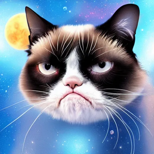 Image similar to grumpy cat's adventures in space, digital painting, trending on artstation, 4 k resolution, highly detailed