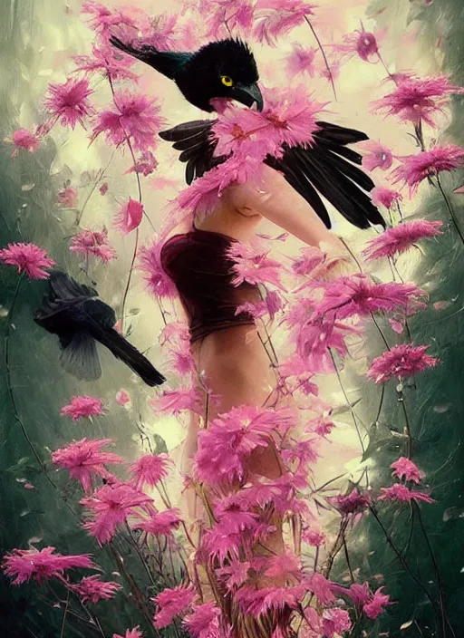 Image similar to portrait of black raven bird, flowers, pink spike aura in motion, floating pieces, painted art by tsuyoshi nagano, greg rutkowski, artgerm, alphonse mucha, spike painting