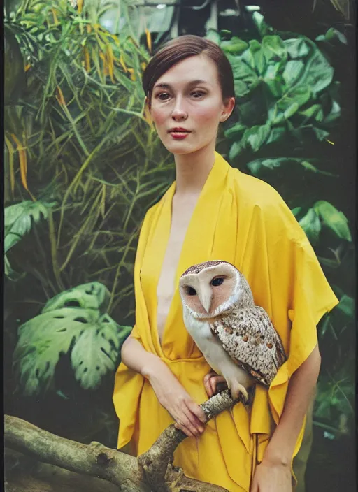 Prompt: grainy head to shoulder portrait Polaroid film photograph of an elegant top model wearing a yellow kimono with a very detailed barn owl on her shoulder!!! in a tropical greenhouse. looking at the camera!!. super resolution. Extremely detailed. Polaroid 600 film. art by Rineke Dijkstra.