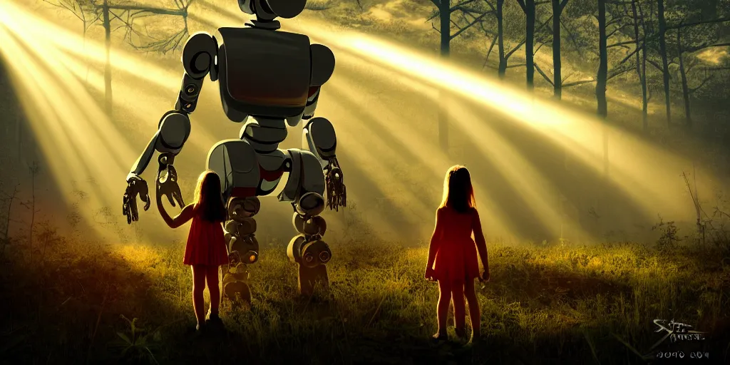 Image similar to sci - fi scene future new york, little girl holding a hand of a big robot, forest punk, crepuscular rays, epic scene, hyper realistic, photo realistic, overgrowth, cinematic atmosphere, ethereal lighting,