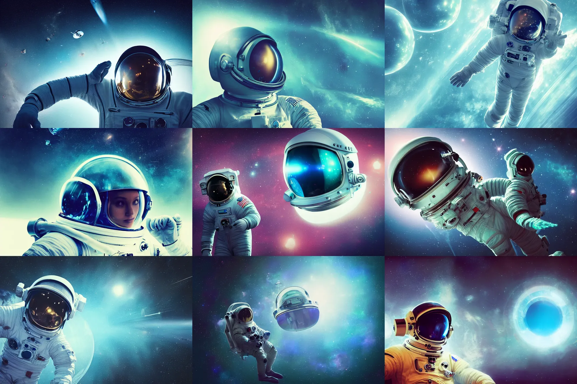 Prompt: a photograph of an astronaut floating in space with reflection of a blue green planet visible on space helmet, science fiction, brilliant reflections, detailed space suit, cinematic, hypermaximalist, detailed, 4 k, 8 k, breathtaking stars, surrealism, distant, concept art, digital art, sharp focus, reflections, rtx, octane render, acid pixie, trending on deviantart