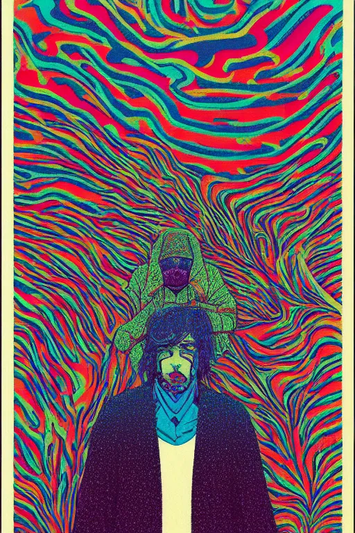 Image similar to a tab of LSD acid on his tongue and surreal psychedelic hallucinations, screenprint by kawase hasui, moebius and dan hillier, colorful flat surreal design, hd, 8k, artstation