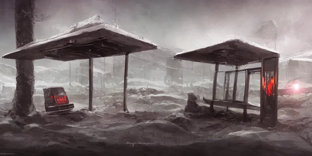 Prompt: concept art of a sealed bus stop for the far north in style of marc simonetti