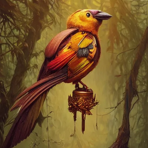 Prompt: carved wooden colorful bird, golden crown, dark, rusty, fantasy forest, highly detailed, realistic, artstation, concept art, smooth, sharp focus, illustration, art by artgerm and greg rutkowski and alphonse mucha