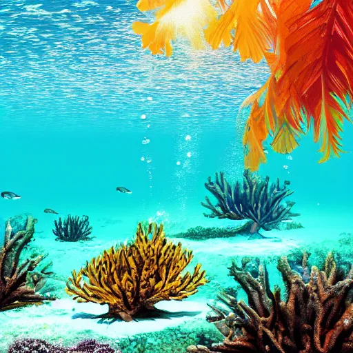 Image similar to life underwater, maldivian coast, coral islands, light and warm colors, vivid lighting, photorealist