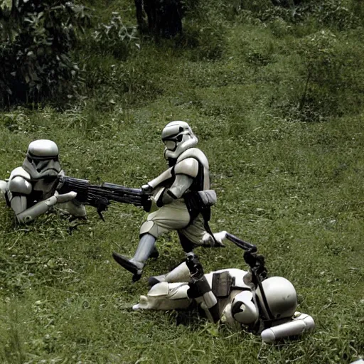 Image similar to star wars clone troopers combat soldiers in vietnam, photo, old picture, lush landscape, jungle, firearms, explosions, helicopters, aerial combat, active battle zone, flamethrower, air support, jedi, land mines, gunfire, violent, star destroyers, star wars lasers, sci - fi, jetpacks, agent orange, bomber planes, smoke, trench warfare