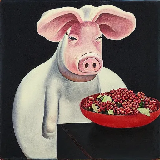 Prompt: “a portrait in an art student’s apartment, a feminine pig wearing white cotton stained with fresh juicy berries, pork, ikebana white flowers, white wax, squashed berries, acrylic and spray paint and oilstick on canvas, by munch and Dali”