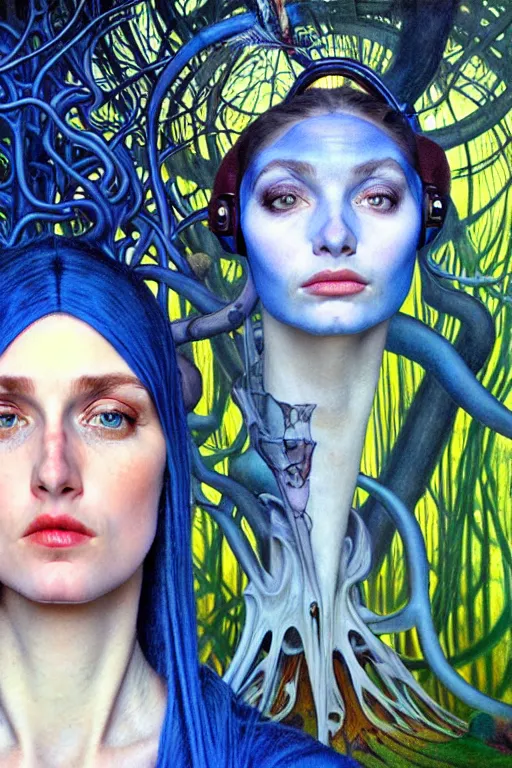 Image similar to realistic detailed face portrait painting of olexesh with sci-fi headwear, futuristic sci-fi forest on background by Jean Delville, Amano, Yves Tanguy, Alphonse Mucha, Edward Robert Hughes, Roger Dean, rich moody colours, blue eyes