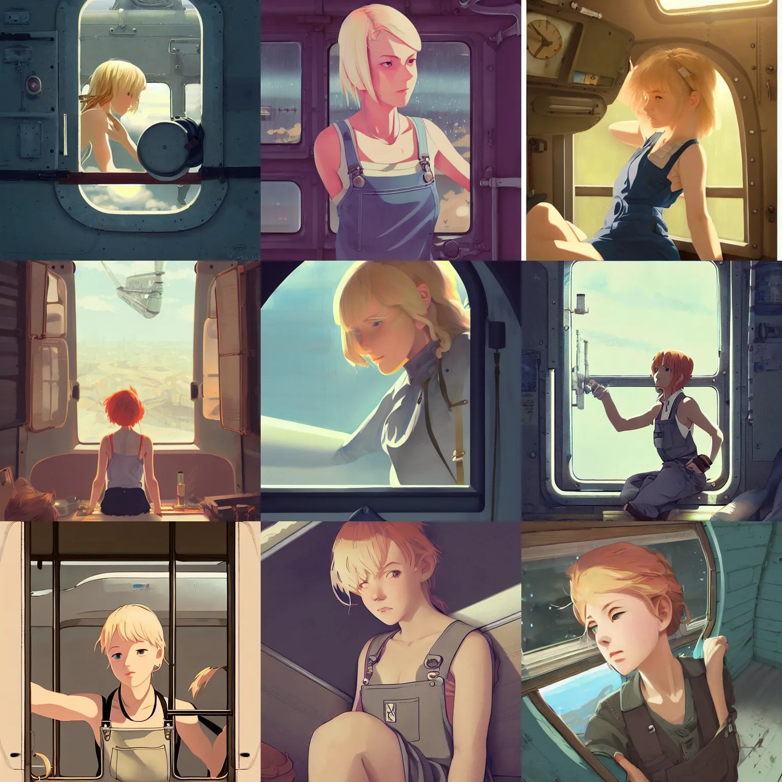 Prompt: an airship mechanic looking out of the window of her cramped and dimly lit bunk at night, blonde, tank top, overalls, finely illustrated face, highly detailed, digital painting, studio ghibli key visual, in the style of ilya kuvshinov and krenz cushart