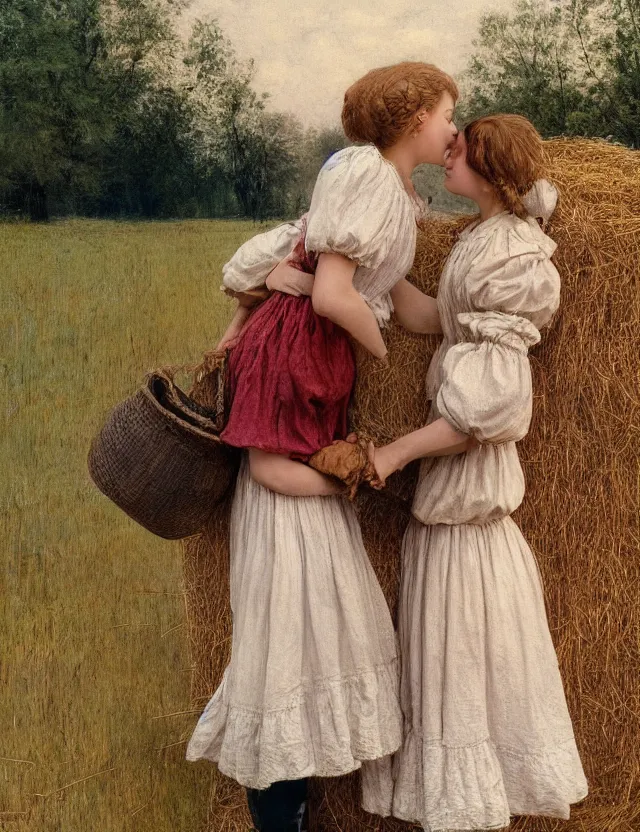 Prompt: two peasant girl kiss over a of hay, lolita style, Cottage core, Cinematic focus, Polaroid photo, vintage, neutral colors, soft lights, foggy, by Steve Hanks, by Serov Valentin, by Andrei Tarkovsky, by Terrence Malick, 8k render, detailed, oil on canvas