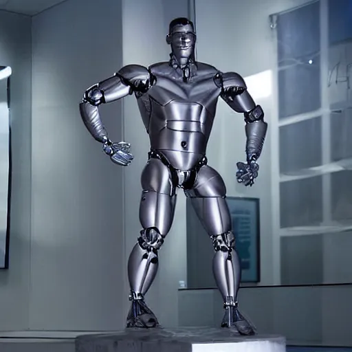 Image similar to a realistic detailed photo of a guy who is an attractive humanoid who is half robot and half humanoid, who is a male android, wrestler john cena, shiny skin, posing like a statue, blank stare, by the pool, on display, showing off his muscles, humanoid robot, frozen ice statue