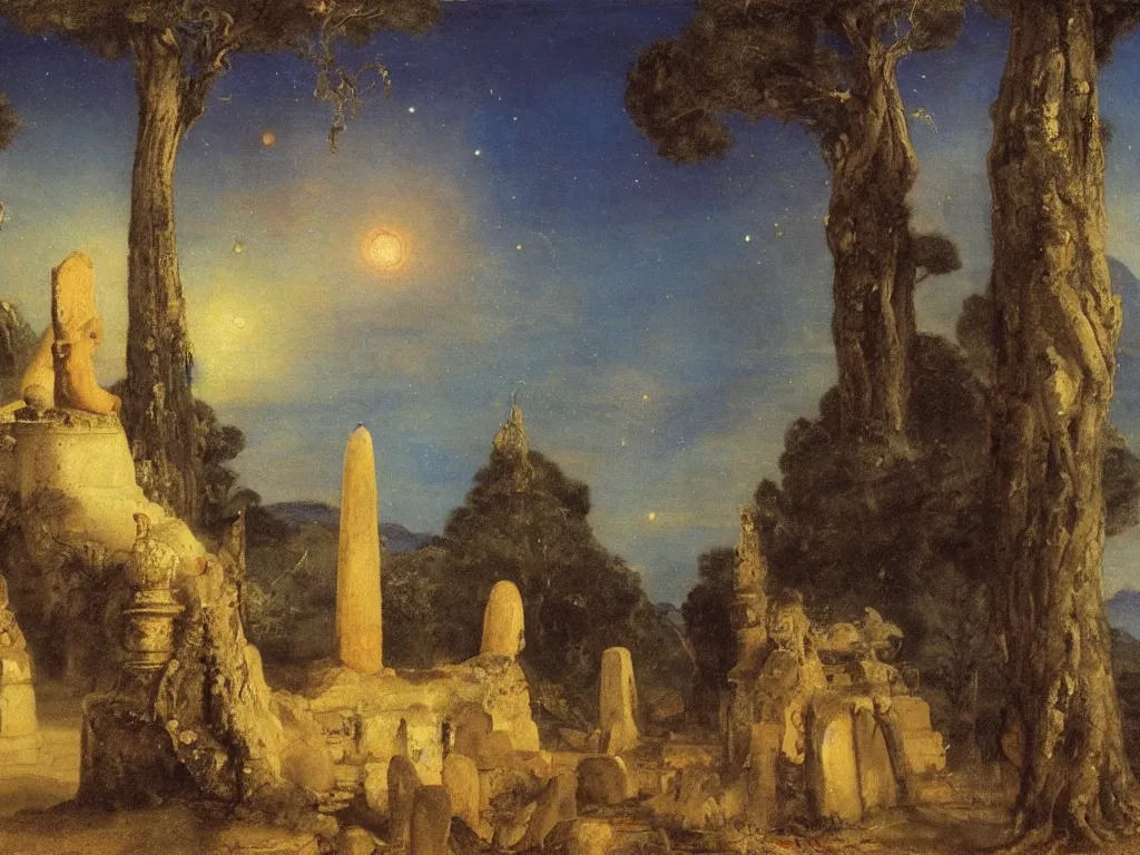 Image similar to Buddhist ruins, stupa surrounded by the panthers at night. Starry sky, cypresses in the wind. Birds. Painting by Arnold Bocklin, Turner.