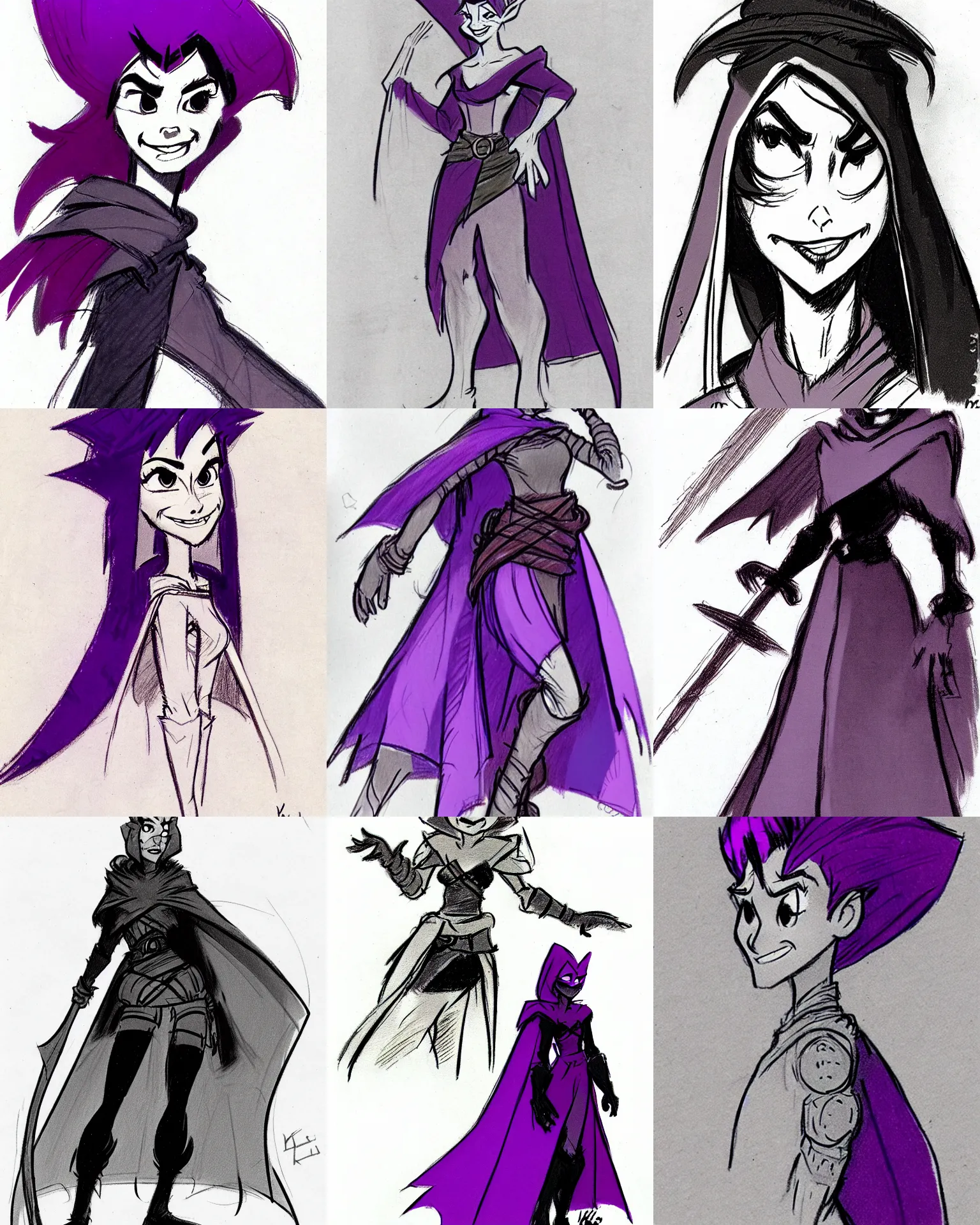 Prompt: milt kahl sketch of rugged girl, adventurer large cloak, dnd fantasy, undercut hairstyle, short purple to black fade hair