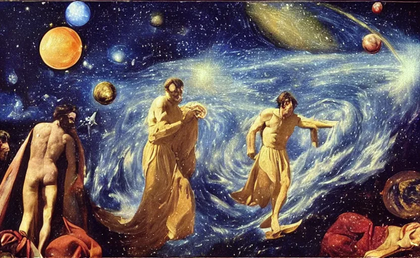 Image similar to scene from cosmologica ( 1 9 6 9 ), a movie by luchino visconti showing a man played by mastroianni leaving the medieval cosmos to enter the new modern universe in the style of renaissance cosmological painting. blue sky with a lot of stars and planets. cinematic, technicolor, direct lighting, highly detailed, highly intricate.