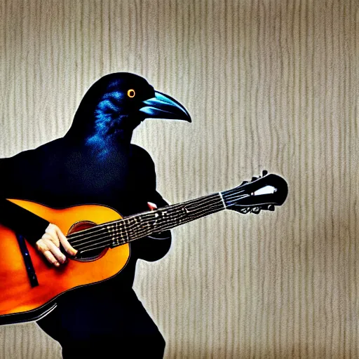 Prompt: photograph of a crow guitarist, hyperreal