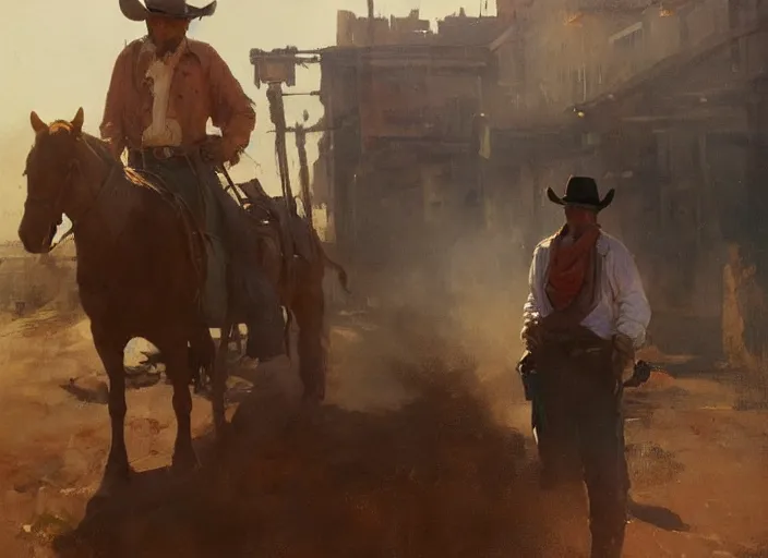 Image similar to oil painting of old rugged cowboy in wild west street setting, art by anders zorn, wonderful masterpiece by greg rutkowski, beautiful cinematic light, american romanticism by greg manchess, reflections in copper, sunlight, dust and steam