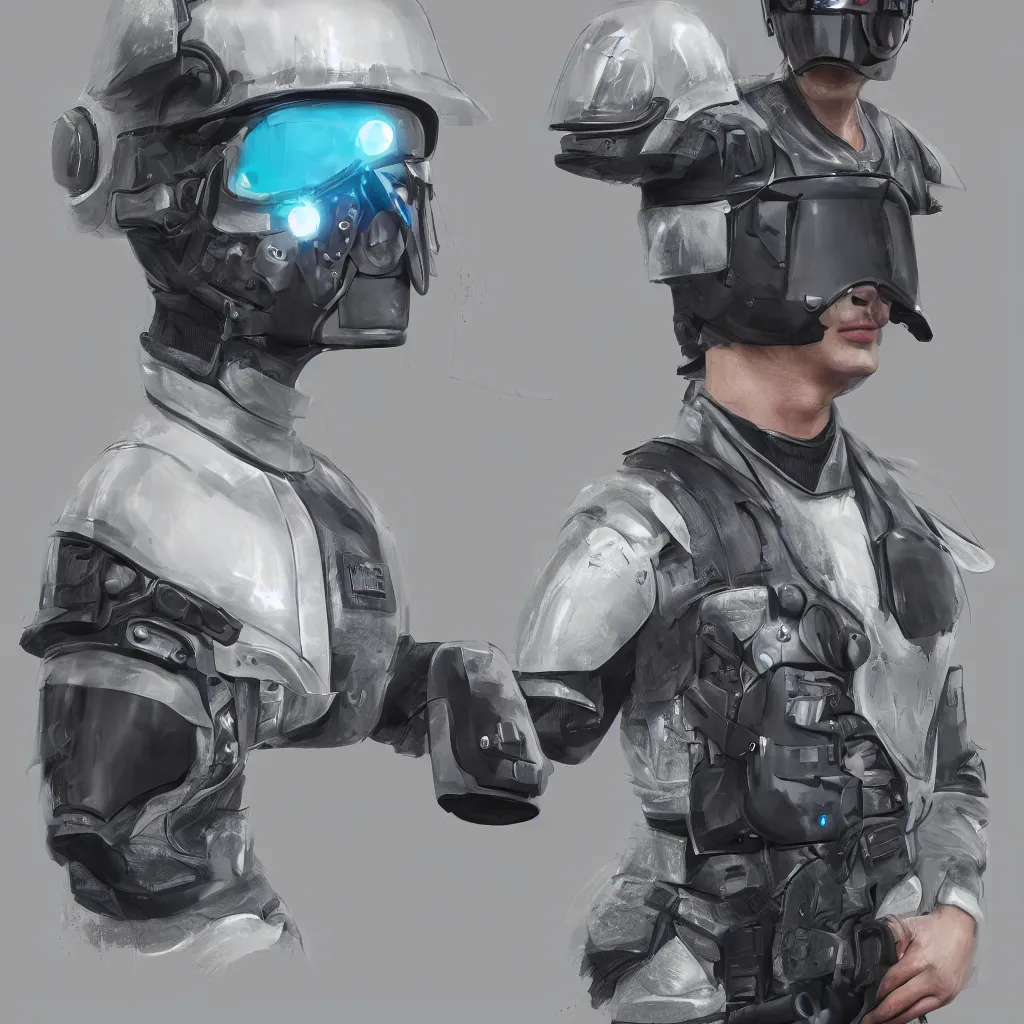 Prompt: futuristic police agent in a helmet with a display for a face, an armored kevlar suit and a laser pistol ready in hand, artstation, photorealistic, 8k, concept art