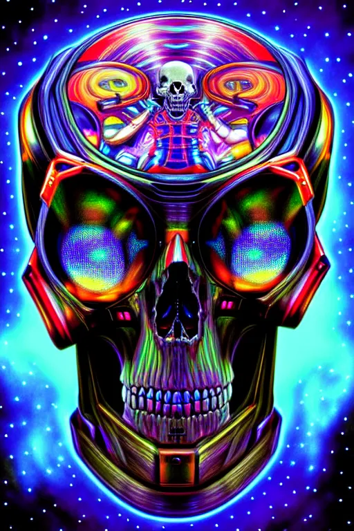 Prompt: maximalist detailed scifi robot skull portrait. lowbrow scifi artwork by kidsquidy. ray tracing hdr polished sharp in visionary psychedelic fineart style inspired by alex grey and cameron gray