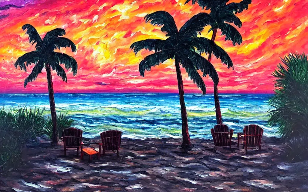 Image similar to a very very small island! with a paved patio, cute cozy large cottage!! with chairs and string lights!!!, palm trees, dark very late evening cloudy sunset, dramatic and dynamic lighting, thick brush strokes oil impasto painting