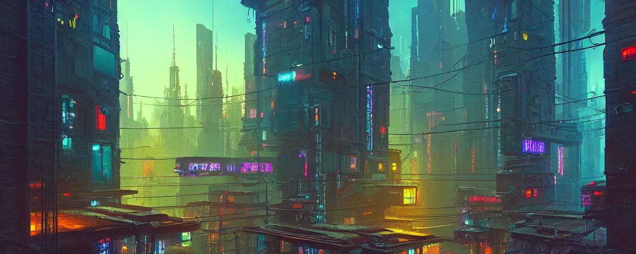 Image similar to A cyberpunk setting, by Evgeny Lushpin, dramatic lighting, high contrast colours, panoramic view, as trending on Artstation, highly detailed,