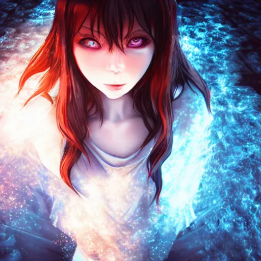 Prompt: photorealistic full body shot of masterpiece angry darkness anime girl, beautifull manga lovely eyes, electric aura with particles, snowing frozen ice, darkness background, inspired by tim burton, detailed, unreal engine 4 k, volumetric light, fog