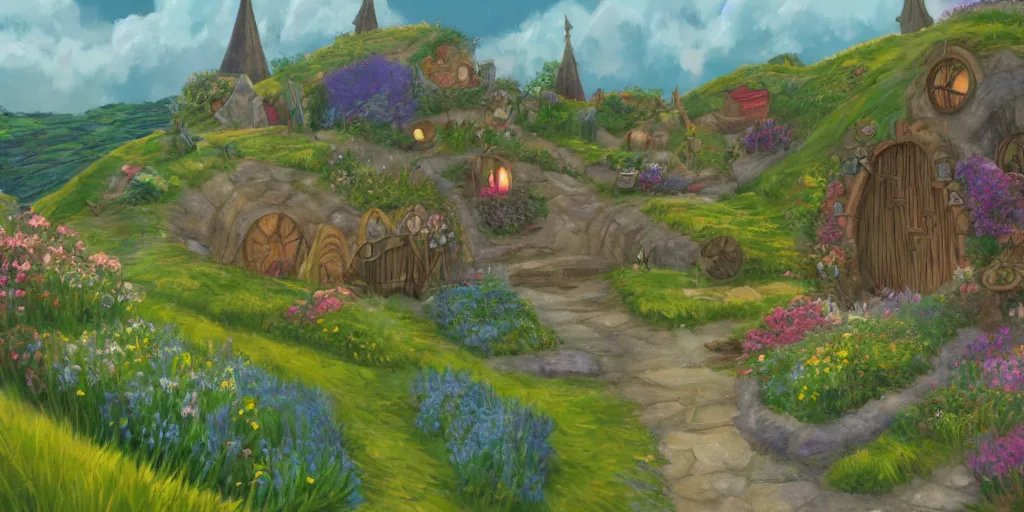 Image similar to a still of a background from howl's moving castle!!!!! of hobbiton, light bloom