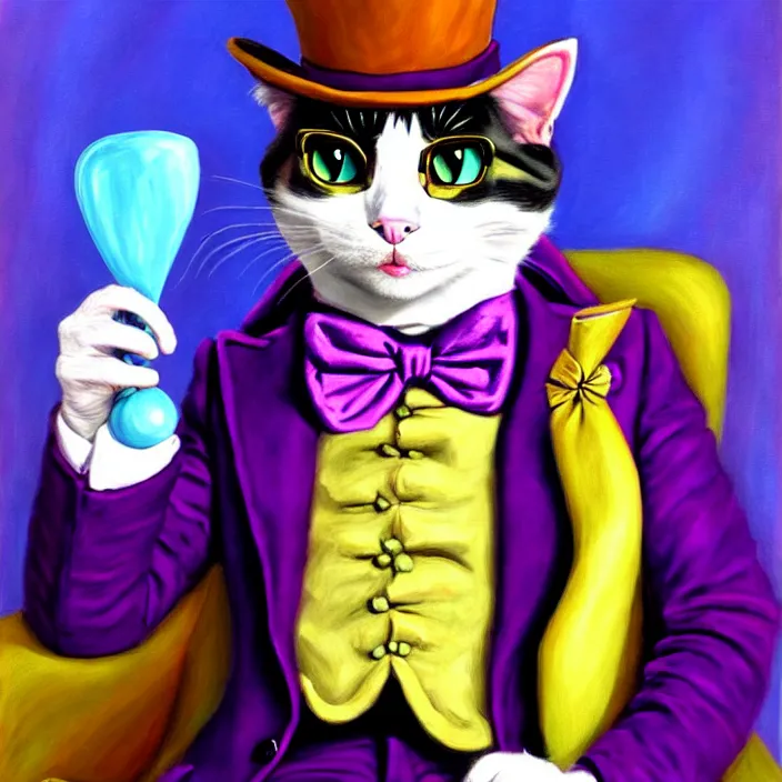 Image similar to an anthropomorphic purple male cat fursona dressed as willy wonka, furry, oil on canvas, soft colors, cute